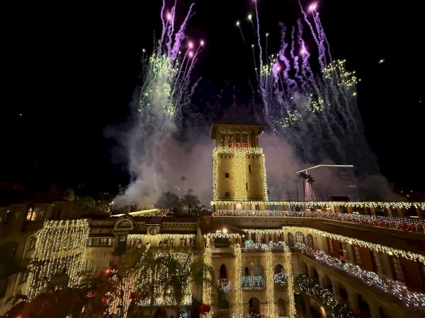 Fireworks burst overhead as a golden, light-decorated tower glows in the night sky.